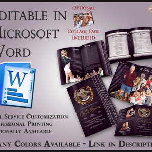 May include: A purple and gold memorial booklet with a photo of a man in a cowboy hat. The booklet is titled "In Loving Memory of Callie Rancer". The text "Editable in Microsoft Word" is displayed in the upper left corner of the image. The text "Collage Page Included" is displayed in the upper right corner of the image. The text "Full Service Customization, Professional Printing, Optionally Available" is displayed in the lower left corner of the image. The text "Many Colors Available - Link in Description" is displayed in the lower right corner of the image.