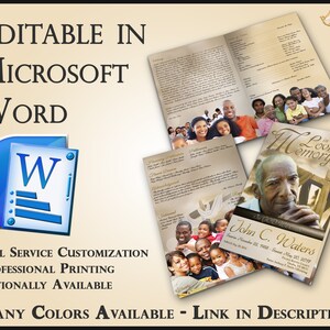 Op de afbeelding: Een sjabloon voor een begrafenisprogramma in een goud- en bruine kleurstelling met een foto van een man op de voorpagina. Het programma is bewerkbaar in Microsoft Word en omvat een volledige aanpassing, professionele afdruk en optionele beschikbaarheid. De tekst op de voorpagina luidt "Ter nagedachtenis aan John C. Waters".
