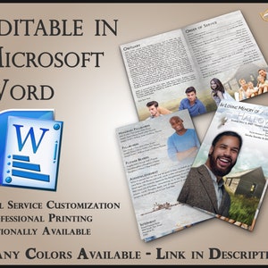 Può includere: Un modello di programma funebre personalizzabile in Microsoft Word. Il modello presenta uno sfondo grigio con una foto di un uomo e una famiglia. Il testo "In Loving Memory of Alex Hallowe" è in cima al programma. Il programma include sezioni per il necrologio, l'ordine del servizio, i portatori onorari, i portatori, i portatori di fiori, i ringraziamenti e la sepoltura.
