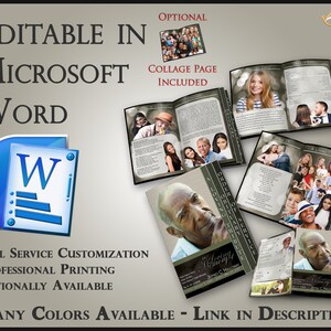 Peut inclure: Un livret commémoratif vert et noir avec un collage de photos sur la couverture. Le livret est modifiable dans Microsoft Word et comprend une page de collage. Le texte "En souvenir affectueux" est imprimé sur la couverture. Le livret est disponible dans de nombreuses couleurs.