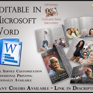 Op de afbeelding: Ontwerp voor een herdenkingsdienst, bewerkbaar in Microsoft Word, met een collagepagina. Het ontwerp is verkrijgbaar in vele kleuren. Tekst bevat "A Loving Tribute" en "In Loving Memory of Jeffrey C. Halloway". Professioneel printen is optioneel.