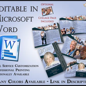 May include: A promotional graphic for memorial templates, editable in Microsoft Word. The design features sample layouts, including a collage page and obituary examples. Text includes "Many Colors Available" and "Optional Collage Page Included."