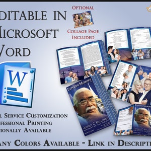 May include: A blue and white funeral program template with a collage page, editable in Microsoft Word. The program features a photo of a man and the text "Loving Memory" and "Jeffrey C. Halloway".