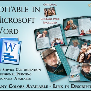 Op de afbeelding: Een blauwe en witte sjabloon voor een begrafenisprogramma met een collagepagina. De sjabloon is bewerkbaar in Microsoft Word en biedt volledige aanpassing en professionele afdrukken. Het programma bevat een foto van een persoon met een hoed en de tekst "Een liefdevolle eerbetoon".