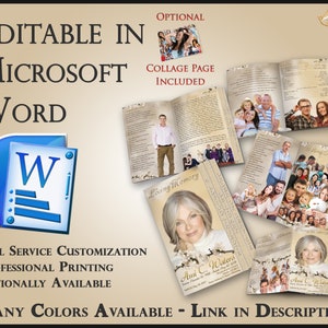 May include: A beige and white memorial booklet with a collage page, editable in Microsoft Word. The booklet features a photo of a woman and the text "Loving Memory" and "Ami C. Waters".