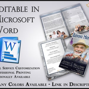 May include: A gray and white funeral program template with a photo of a man in a straw hat. The program includes sections for the deceased's name, dates, and a loving memory section. The program is editable in Microsoft Word and is available in many colors.