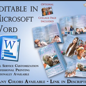 Op de afbeelding: Een blauwe en witte sjabloon voor een gedenkboek dat bewerkbaar is in Microsoft Word. De sjabloon bevat een collagepagina, een sectie met dierbare herinneringen en een sectie voor een foto en een naam. De sjabloon is verkrijgbaar in vele kleuren.