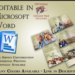 May include: A brochure design with the text "EDITABLE IN MICROSOFT WORD" and "MANY COLORS AVAILABLE - LINK IN DESCRIPTION". The design includes a Microsoft Word icon and sample pages with photos and text, suggesting customization options.