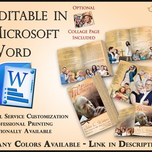 May include: A digital template for a memorial booklet in Microsoft Word. The template features a collage page, a cross, and a photo of a man. The text "In Loving Memory" is on the cover. The template is available in many colors.