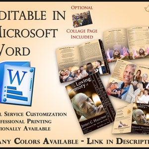 Peut inclure: Un modèle de livret commémoratif personnalisable dans Microsoft Word. La couverture présente un design noir et or avec les mots "En mémoire affectueuse de" et un espace pour une photo. Le livret comprend des pages pour une nécrologie, un ordre de service, un hommage affectueux et des photos. Le modèle est disponible dans de nombreuses couleurs.