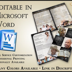 Può includere: Un modello di programma funebre in bianco e nero con uno sfondo a grana di legno. Il programma include una foto del defunto, un necrologio e una sezione di celebrazione della vita. Il programma è modificabile in Microsoft Word e può essere personalizzato con diversi colori.