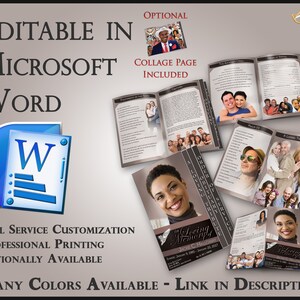 Peut inclure: Un modèle de programme funéraire personnalisable dans Microsoft Word. Le modèle comprend une page de collage, une photo du défunt et un espace pour un avis de décès, des détails sur le service et un hommage affectueux. Le programme est disponible dans de nombreuses couleurs.