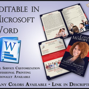 Può includere: Un modello di programma funebre blu e rosso con una foto di una donna e il testo "In Loving Memory of Jackie C. Halloway" e "Disposizioni funebri" con una grafica di colomba bianca. Il modello è modificabile in Microsoft Word.
