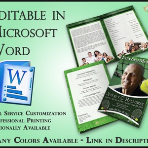 Può includere: Un modello di programma funebre verde e bianco a tema tennis. Il programma include una foto di un uomo, il testo "Loving Memory" e il nome "Jeffrey C. Halloway". Il programma è modificabile in Microsoft Word.