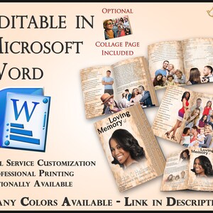 Op de afbeelding: Een digitaal sjabloon voor een gedenkboek in Microsoft Word. Het sjabloon bevat een collagepagina, een sectie met liefdevolle herinneringen en een sectie met eerbetoon. Het sjabloon is aanpasbaar en verkrijgbaar in vele kleuren.