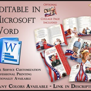 May include: A red, white, and blue memorial booklet with a collage page, editable in Microsoft Word. The booklet features a photo of a man in a military uniform and the text "My Loving Memory".