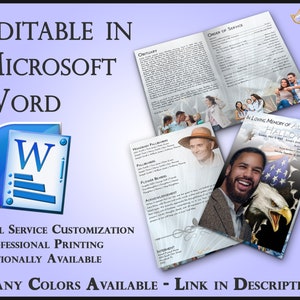 May include: A blue and white Microsoft Word icon with the text "Editable in Microsoft Word" above it. Below the icon is the text "Full Service Customization Professional Printing Optionally Available Many Colors Available - Link in Description". The image also shows a sample funeral program with a photo of a man and the text "In Loving Memory of Alex C. Halloway".