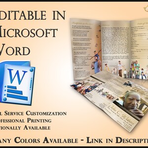 May include: A tri-fold funeral programme template with a beige background and a photo of a man on the front. The template is editable in Microsoft Word and includes sections for a photo, obituary, order of service, and a memorial message. The text "Loving Memory" is printed on the front of the programme.