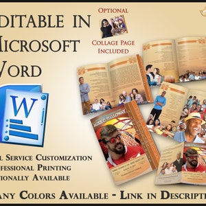Op de afbeelding: Een digitaal sjabloon voor een gedenkboekje, bewerkbaar in Microsoft Word. Het sjabloon bevat een collagepagina, volledige service-aanpassing, professionele afdruk en is verkrijgbaar in vele kleuren. De omslag van het boekje heeft een basketbal en de naam "Mike C. Halloway".