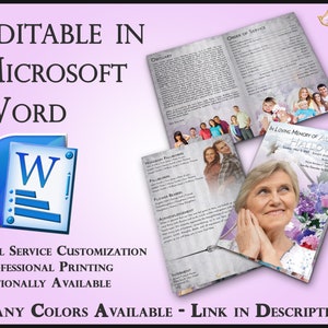 Op de afbeelding: Een aanpasbare begrafenisprogramma-sjabloon in Microsoft Word. Het programma heeft een grijze achtergrond met een bloemenontwerp en een foto van een vrouw. De tekst "In Loving Memory of Alex C. Halloway" staat op de voorpagina.