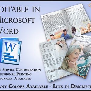 Può includere: Un'icona di Microsoft Word blu e bianca con il testo "Modificabile in Microsoft Word" sopra. L'immagine mostra anche un esempio di programma funebre con il testo "In Loving Memory of Alex C. Halloway" e una foto di una donna. Il testo "Personalizzazione completa del servizio, stampa professionale, disponibile facoltativamente" si trova sotto l'icona. Il testo "Molti colori disponibili - Link nella descrizione" si trova nella parte inferiore dell'immagine.