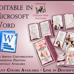 Op de afbeelding: Een verzameling herdenkingsprogramma's met een roze en bordeauxrood bloemmotief. De programma's zijn aanpasbaar in Microsoft Word en bevatten foto's en tekst. De afbeelding bevat de tekst "EDITABLE IN MICROSOFT WORD" en "MANY COLORS AVAILABLE".