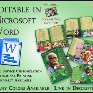 May include: A green and white memorial booklet template for Microsoft Word. The booklet features a collage page, a loving memory page, and a service order of events page. The template is customizable and can be printed professionally.
