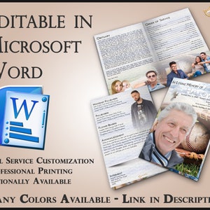 Op de afbeelding: Een blauw en wit Microsoft Word-pictogram met de tekst "Editable in Microsoft Word" erboven. Onder het pictogram staat de tekst "Full Service Customization Professional Printing Optionally Available Many Colors Available - Link in Description". De afbeelding toont ook een gevouwen rouwkaart met een foto van een man en de tekst "In Loving Memory of Alex Hallowe".