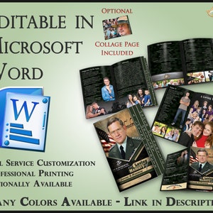 May include: A green and black memorial booklet featuring a photograph of a man in military uniform. The booklet is titled "Loving Memory" and is editable in Microsoft Word. The text "Full Service Customization, Professional Printing Optionally Available, Many Colors Available - Link in Description" is also included.