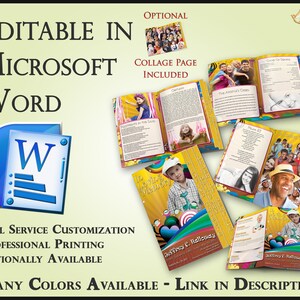 May include: A colourful, customisable memorial booklet template, editable in Microsoft Word. The template features a rainbow design with hearts and the text "In Loving Memory". The booklet includes a collage page and is available in many colours.