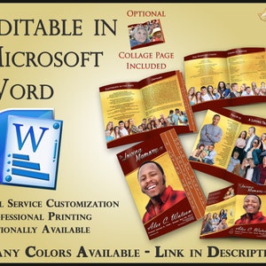 May include: A customizable funeral programme template in Microsoft Word. The template features a collage page, a loving memory section, and a tribute page. The programme is available in many colours.
