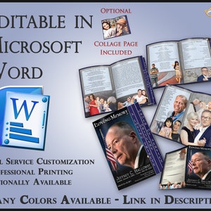 May include: A memorial service program design, featuring a Microsoft Word icon and sample layouts. The image includes the text "EDITABLE IN MICROSOFT WORD" and "COLLAGE PAGE INCLUDED." The program is available in many colours.