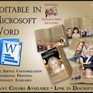 May include: A gold and brown memorial booklet template with a collage page, editable in Microsoft Word. The cover features a photo of a woman with candles and the text "In Loving Memory of".