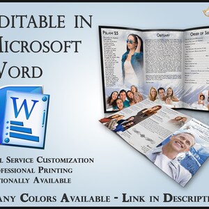 May include: A tri-fold funeral programme template with a blue and white mountain background. The programme includes sections for a psalm, obituary, and order of service. The template is editable in Microsoft Word and is available in many colours.