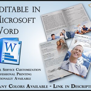 Könnte beinhalten: Ein Broschürendesign mit dem Text "EDITABLE IN MICROSOFT WORD" und einem Microsoft Word-Symbol. Die Broschüre enthält Fotos und Text, darunter "In Loving Memory of Alex C. Holloway". Zusätzlicher Text lautet "Full Service Customization" und "Many Colors Available."