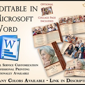 Op de afbeelding: Een brochure-ontwerp met de tekst "EDITABLE IN MICROSOFT WORD" en "MANY COLORS AVAILABLE". Het ontwerp bevat voorbeeldindelingen, een Microsoft Word-pictogram en een collagepagina. De brochure is voor een begrafenisdienst.