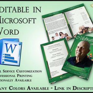 May include: A green and white funeral program template with a photo of a man and a pool table. The program is editable in Microsoft Word and includes sections for an obituary, order of service, honorary pallbearers, pallbearers, flower bearers, acknowledgements, and interment. The program is available in many colors.