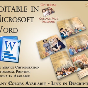 Op de afbeelding: Een aanpasbare gedenkboek sjabloon voor Microsoft Word. De sjabloon bevat een collagepagina, volledige aanpassing en professionele afdruk. Het boek is verkrijgbaar in vele kleuren.