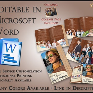 Peut inclure: Un modèle de programme funéraire brun et blanc avec une page de collage incluse. Le programme est modifiable dans Microsoft Word et présente une photo d'un homme portant des lunettes de soleil. Le texte "En mémoire affectueuse de" est imprimé sur la couverture. Le programme est disponible dans de nombreuses couleurs.