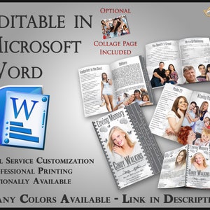 Op de afbeelding: Een aanpasbare gedenkboekensjabloon in Microsoft Word. Het boekje bevat een collagepagina, een pagina met een liefdevolle herinnering en pagina's voor een overlijdensbericht, voetafdrukken in het zand, het Apostolische Geloofsbelijdenis, Psalm 23 en een liefdevolle eerbetoon. Het boekje is verkrijgbaar in vele kleuren.