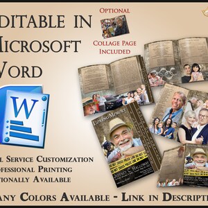 Op de afbeelding: Een gedenkdienstsjabloon, bewerkbaar in Microsoft Word, met een collagepagina inbegrepen. Het ontwerp heeft een thema van liefdevolle herinnering, met aanpasbare opties voor volledige aanpassing en professioneel printen. Veel kleuren beschikbaar.