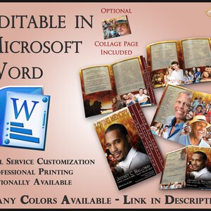 Könnte beinhalten: Eine digitale Vorlage für ein Gedenkheft, bearbeitbar in Microsoft Word. Das Heft enthält eine Collage-Seite, einen Abschnitt mit liebevollen Erinnerungen, einen Nachruf und eine Reihenfolge des Ablaufs. Die Vorlage ist in vielen Farben erhältlich.