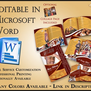 Op de afbeelding: Een sjabloon voor een rouwprogramma in bordeauxrood en goud met een foto van een man en de tekst "In liefdevolle herinnering" en "Steve Holloway". Het programma is bewerkbaar in Microsoft Word en bevat een collagepagina. De tekst "Veel kleuren beschikbaar - Link in de beschrijving" staat onderaan de afbeelding.