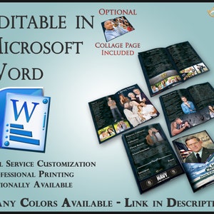 May include: Editable memorial booklet template in Microsoft Word. The template features a collage page, full service customization, and professional printing. The booklet is available in many colors. "Loving Memory" is printed on the cover.