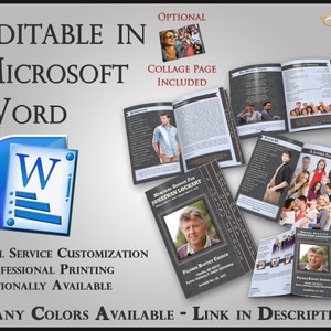 Peut inclure: Un modèle de livret de service commémoratif personnalisable dans Microsoft Word. Le modèle présente un schéma de couleurs gris et blanc avec une page de collage incluse. Le livret est conçu pour un service commémoratif et comprend une photo du défunt, un ordre de service commémoratif et une section de témoignages d'amour.