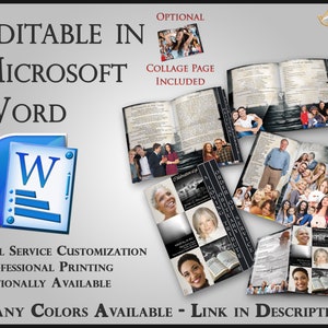 May include: Editable memorial booklet template in black and white with a collage page included. The template is designed to be used in Microsoft Word. The booklet features photos of people and text. The text includes "Order of Service", "Loving Tribute", and "Celebration of Life".