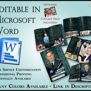 Op de afbeelding: Een turquoisekleurige advertentie met het Microsoft Word-logo en de tekst "EDITABLE IN MICROSOFT WORD". Het toont voorbeeld lay-outs voor een herdenkingsdienst, met de tekst "A Loving Tribute" en "Loving Memory". De advertentie vermeldt ook "MANY COLORS AVAILABLE - LINK IN DESCRIPTION."