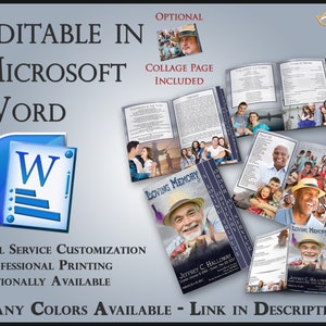 Op de afbeelding: Een blauw en wit gedenkboekje met een foto van een man op de omslag. Het boekje is getiteld "Loving Memory" en bevat een dienstvolgorde, een eerbetoon en een collagepagina. Het boekje is bewerkbaar in Microsoft Word en verkrijgbaar in vele kleuren.