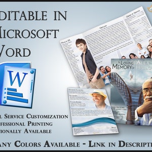 May include: A tri-fold funeral program template with a blue and white color scheme. The template features a photo of a man and the text "In Loving Memory of Alex C. Holloway". The program is editable in Microsoft Word and includes an order of service, obituary, and a section for acknowledgements. The program is available in many colors.