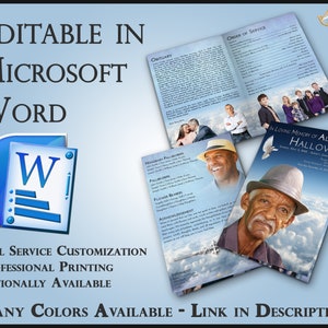 May include: A blue and white funeral program template with a photo of a man in a hat. The program includes sections for the obituary, order of service, honorary pallbearers, pallbearers, flower bearers, acknowledgement, and interment. The text "In Loving Memory of Alex C. Halloway" is at the top of the program. The program is editable in Microsoft Word and is available in many colors.